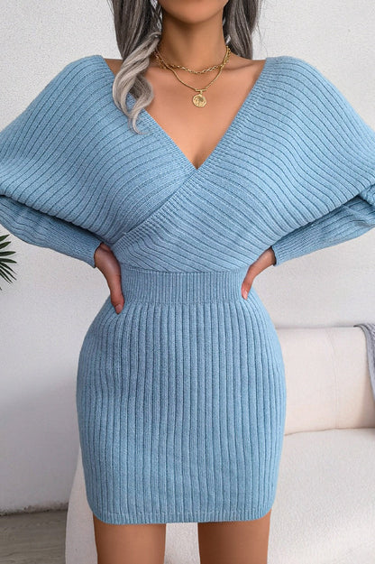 Cross V-neck Batwing Fitted Sweater Dress