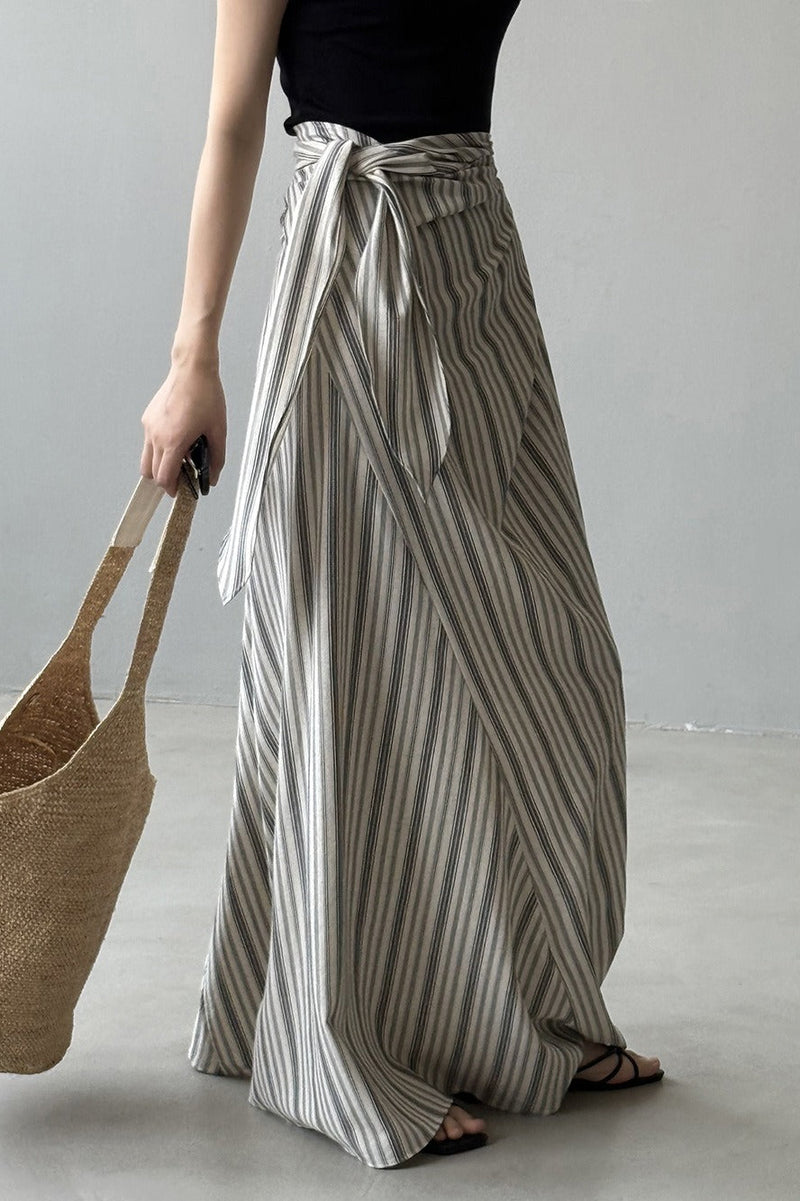 High Waist Striped Tie Waist a Line Maxi Skirt