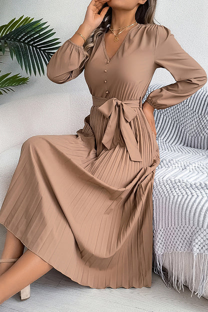 Color V-neck Buttoned Lace-up Pleated Maxi Dress
