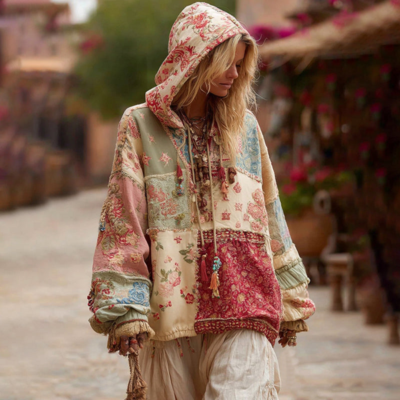 Women's Floral Embroidery Patchwork Boho Casual Hooded Sweatshirt elevenforest