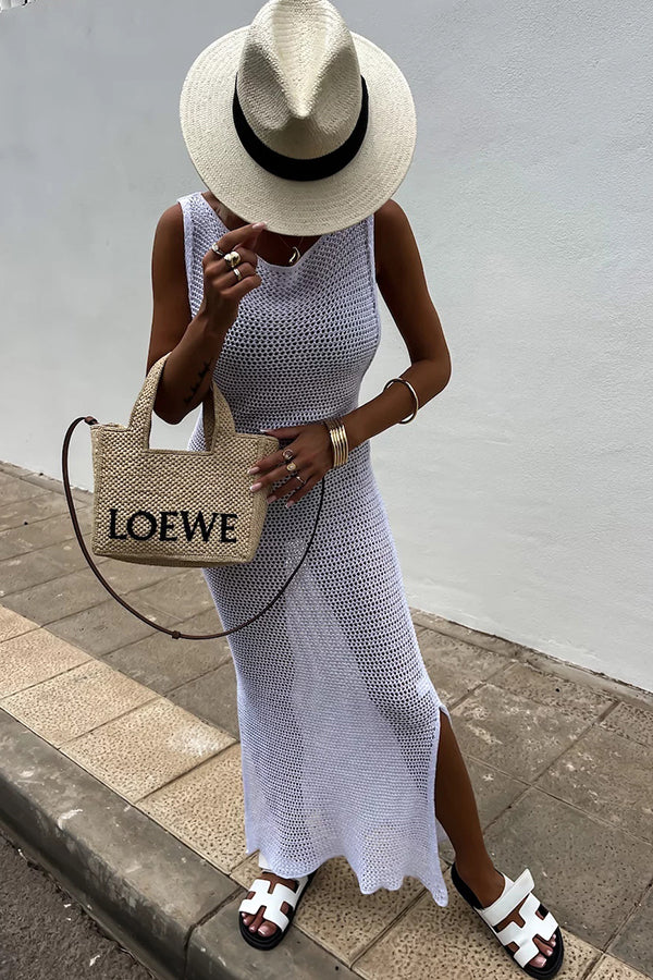 Color Knitted Cutout Slit Slim Fit Maxi Dress