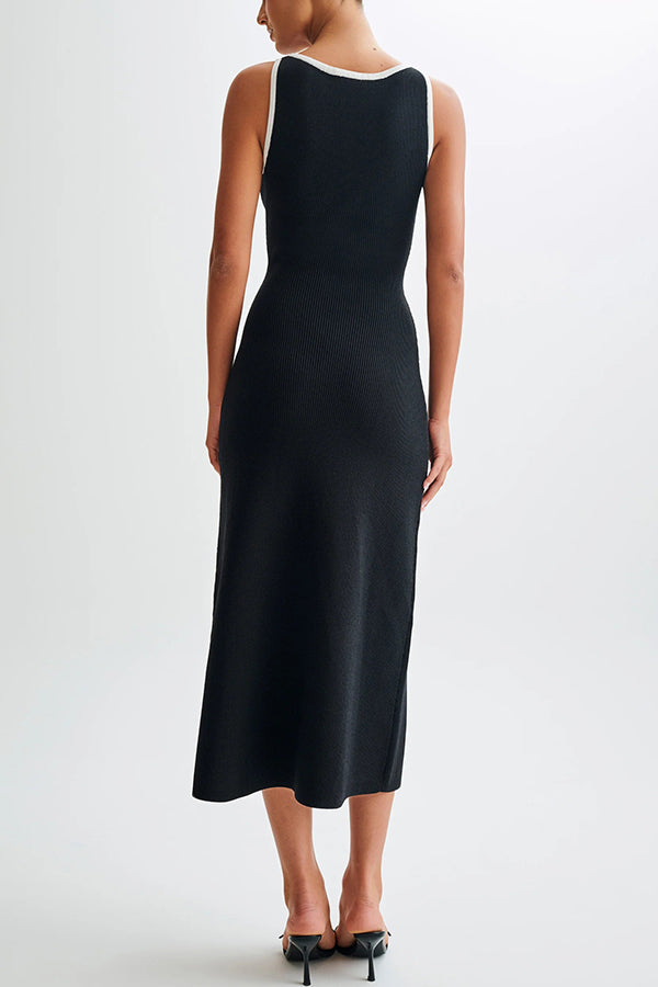Slim Fit Crew Neck Buttoned Sleeveless Knit Midi Dress