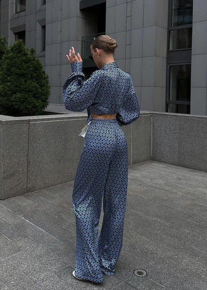 Ease - Printed Button-up Shirt and Wide-leg Pants Set