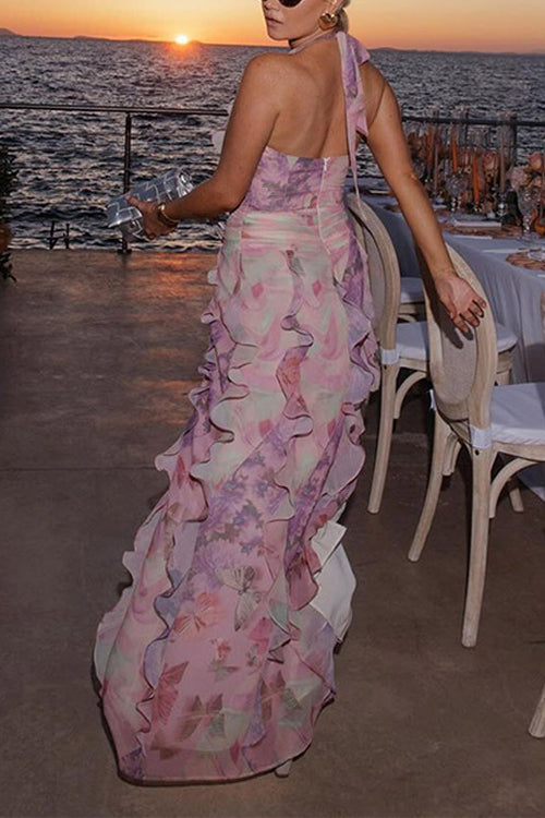 Moxidress Dreamy Ruffle Halter V Neck Slit Watercolor Maxi Dress
