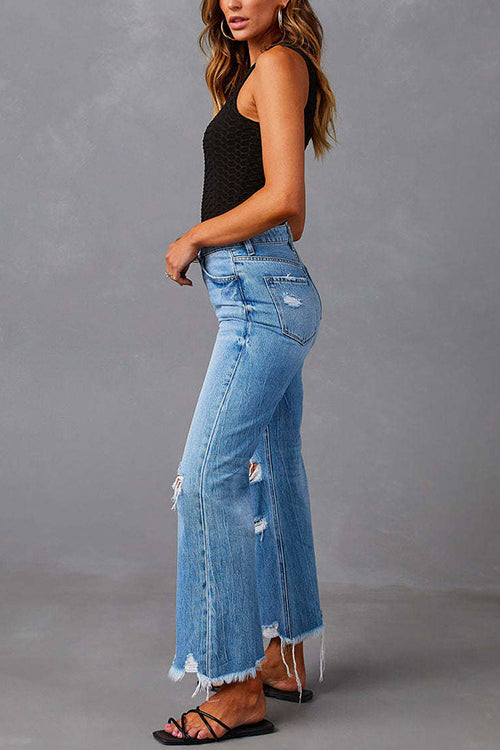 Raw Hem Ripped Flare Bottoms Denim Pants