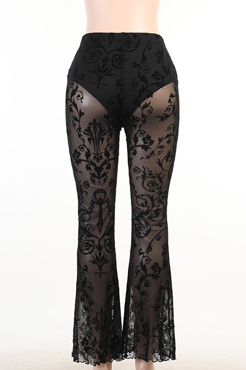 Moxidress Elastic Waist Bell Bottomed Mesh Lace Pants