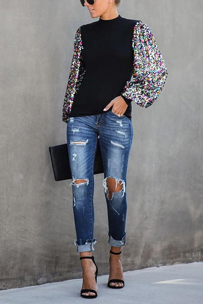 Creneck Sequin Lantern Sleeve Knitting Blouses