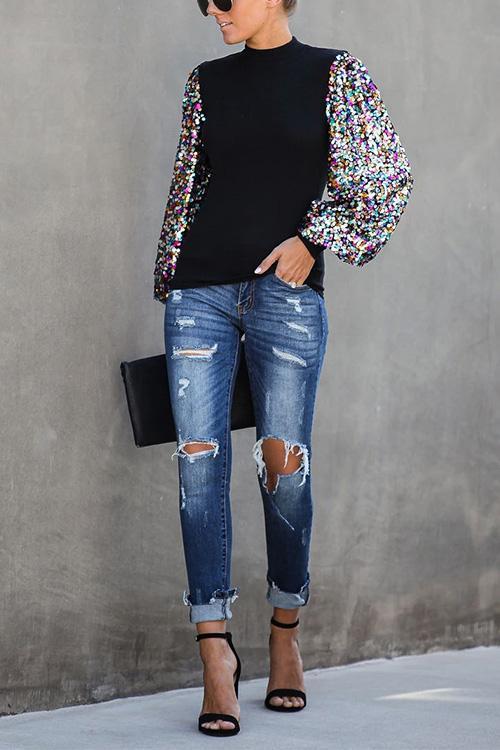Sequin Lantern Sleeve Festive Blouses