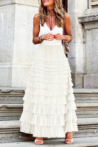 Ruffle Layered Mesh A-line Long Tulle Skirt