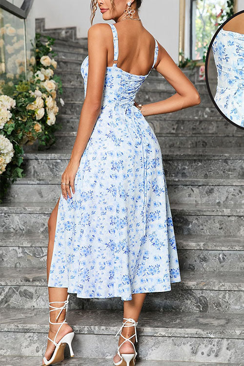 Moxidress Adjustable Strap Back Lace-up Slit Midi Dress