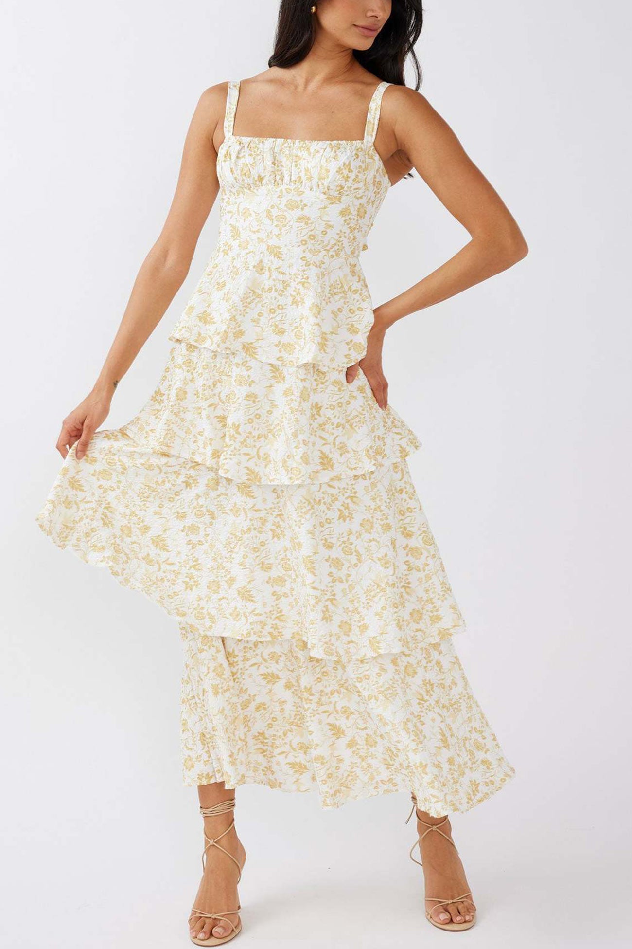Print Tie-up Tiered Midi Dress
