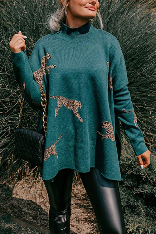 High Neck Side Slit Cheetah Pattern Sweater