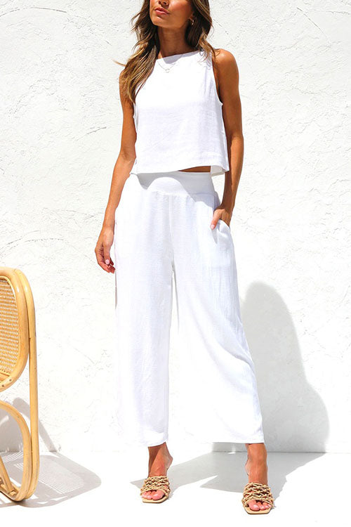 Buttons Tank Top and Pockets Wide Leg Crop Pants Set