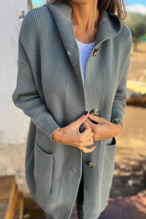Color Hooded Pocket Mid-length Knitted Cardigan