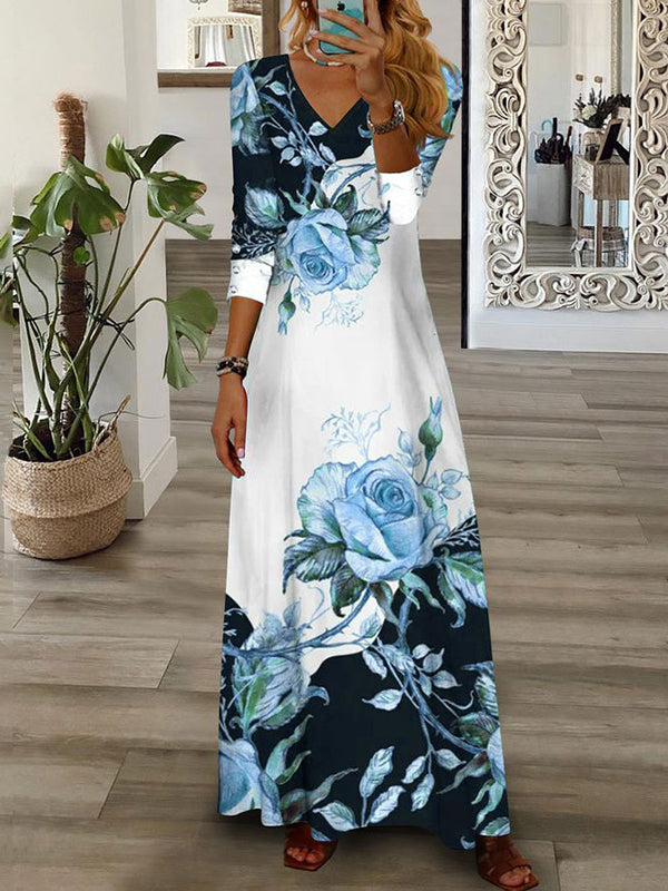 Loose Wrap Contrast Color Flower Print V-neck Maxi Dresses