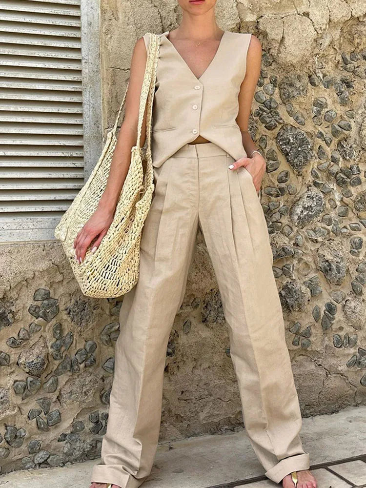 Loose Pant Sets Woman High Waist Baggy Trouser Suit for Summer V Neck Vest 2 Piece Suits Outfits