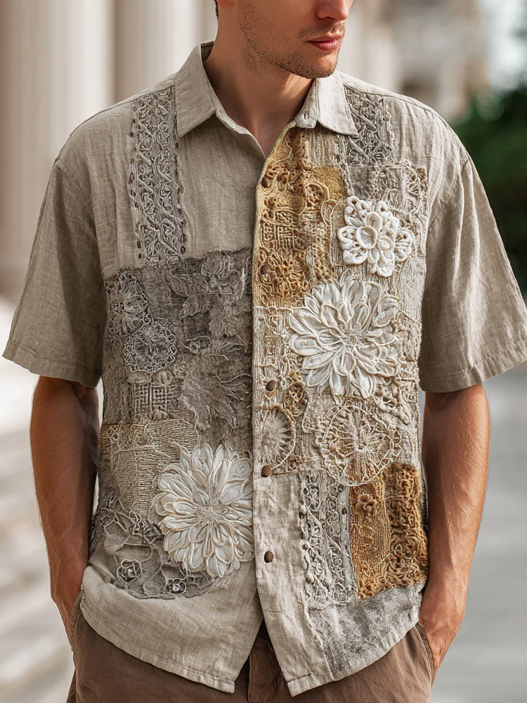 Men's Boho Floral Lace Embroidered Patchwork Linen Shirt elevenforest