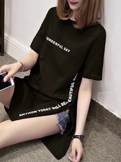 Wonderful Day Print Long T Shirts Summer Loose Slit Femme Tops Cotton Tshirt Short Sleeve T-shirt