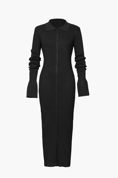 Color Shell Sleeve Ribbed Buttons Down Maxi Dress