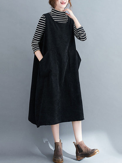 Corduroy Sleeveless Split-joint Round-neck Midi Dress