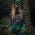 Women's Viking Tribal Jacquard Celtic With Rose And Skull Inspired Chunky Knit Hooded Sweater elevenforest