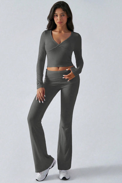 V Neck Flared Stretch Two Piece Pants Set