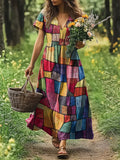 Women's Art Painting Color Block Fun Print V-Neck Short Sleeve Dress