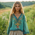 Vintage Floral Embroidery Linen V-neck Shirt elevenforest