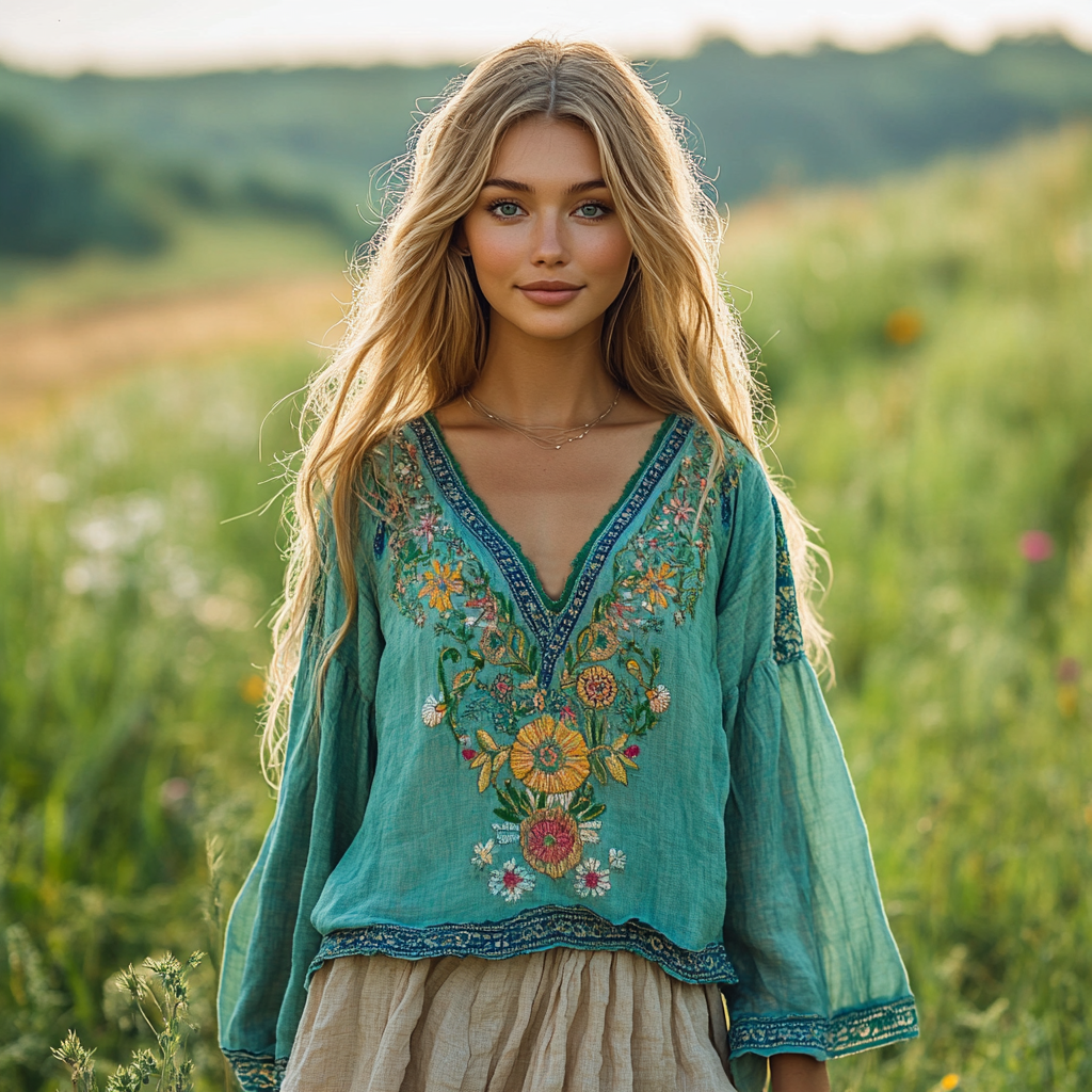 Vintage Floral Embroidery Linen V-neck Shirt elevenforest