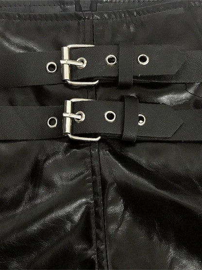 Black Punk Leather Hollow Shorts With Buckle