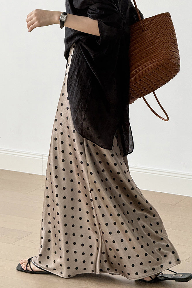 Polka Dot Satin High Waist A-line Midi Skirt