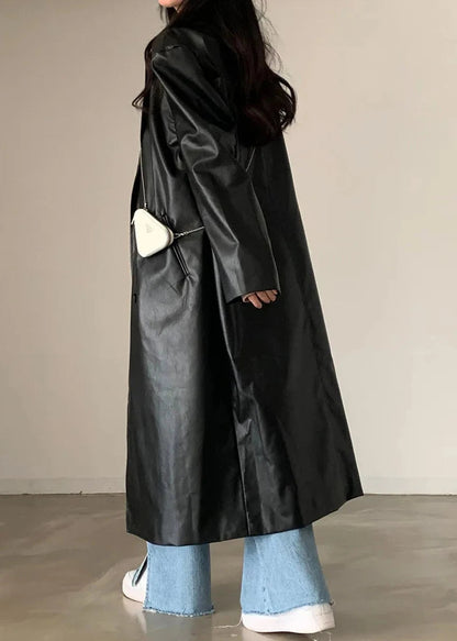 Retro Black Pu Leather Trench Coat - Double-breasted