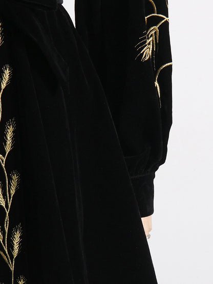 Loose Puff Sleeves Embroidered Tied Waist V-neck Mini Dresses