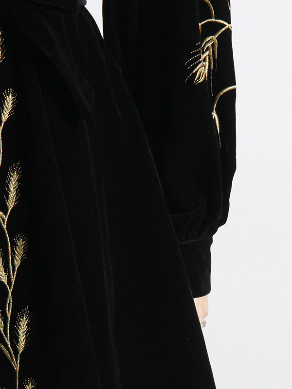 Loose Puff Sleeves Embroidered Tied Waist V-neck Mini Dresses