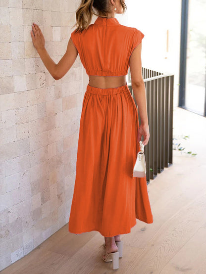 Cap Sleeve Belly-hollow Pleated Color Stand Collar Maxi Dresses