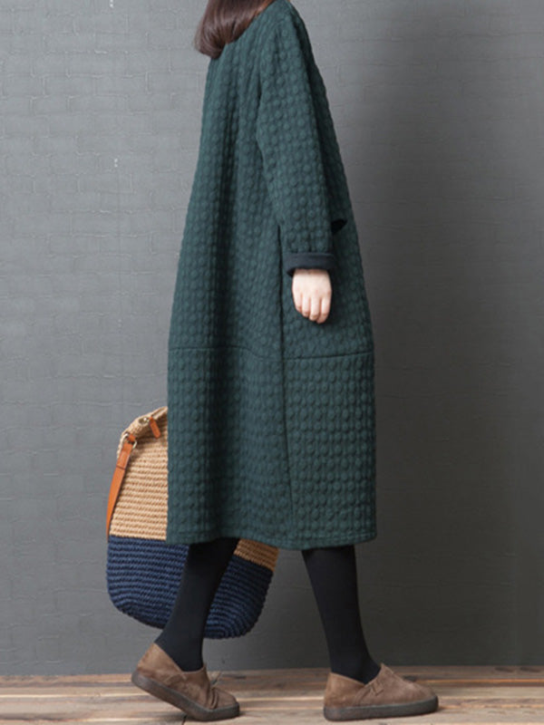 Loose Color Split-joint With Pocket Round-neck Long Sleeves Midi Dress