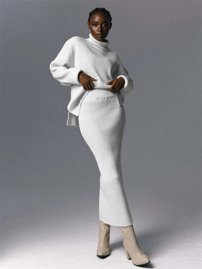 Knitted 2 Piece Outfit Set Long Sleeve Sweater Top and Pencil Long Skirts Autumn Two Piece Sweater Sets