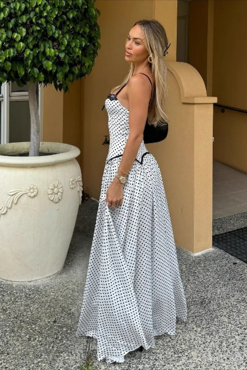Spaghetti Strap Lace Polka Dot Maxi Dress