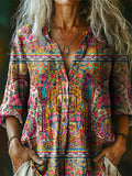 Women's Vintage Ethnic Floral Art Print Casual Cotton Linen Shirt