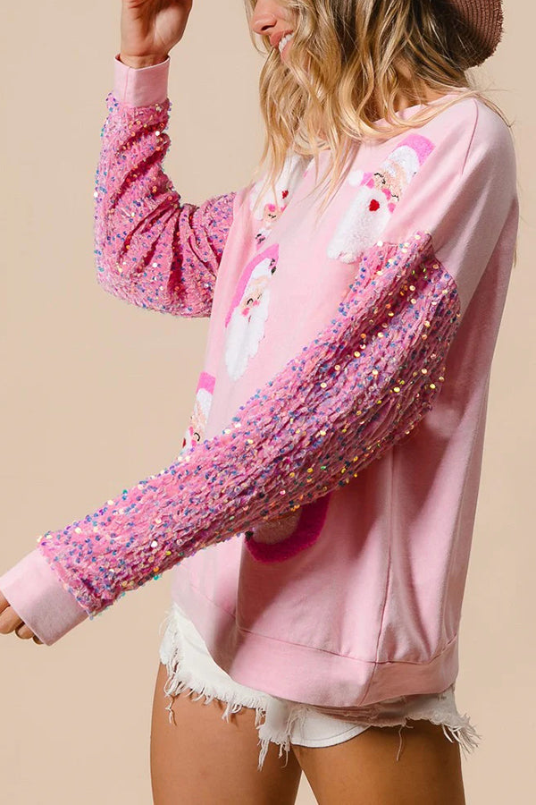 Christmas Loose Round Neck Sequined Sleeve Sweatshirt