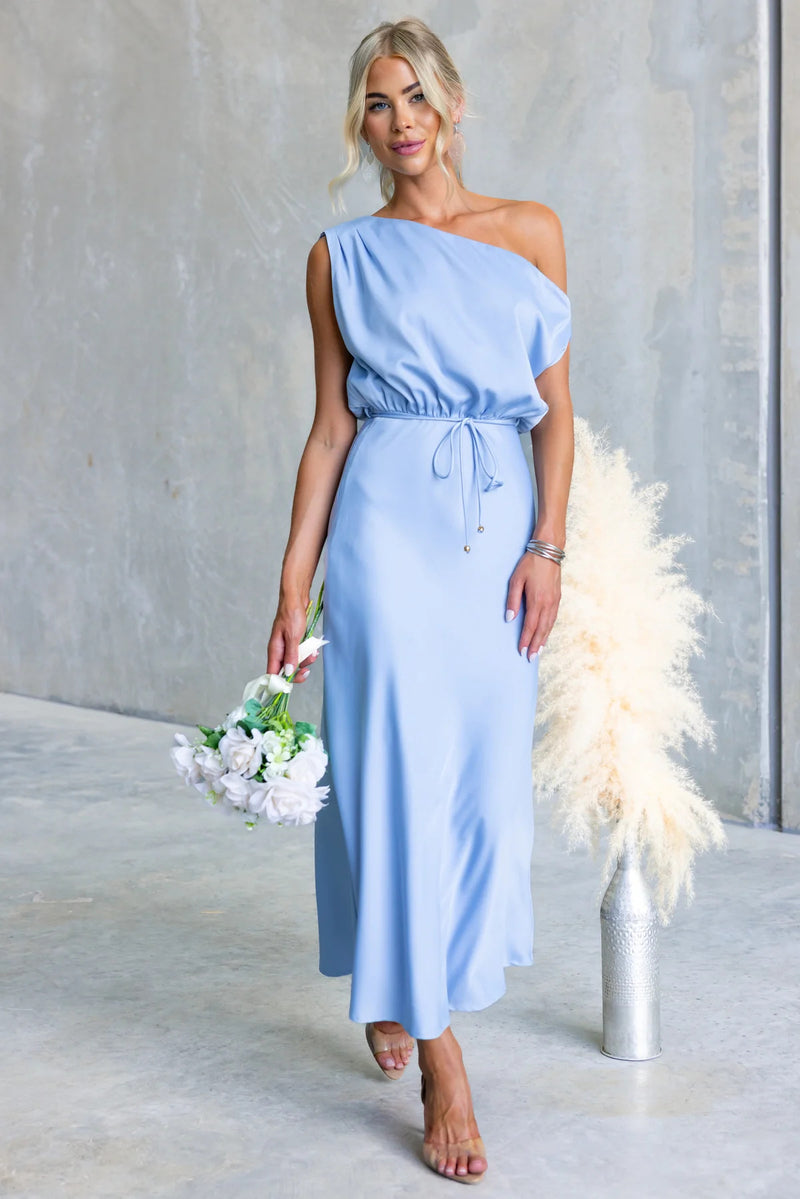 Color One-shoulder Sleeveless Belted Maxi Dress