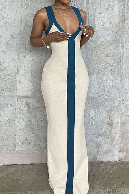Colorblock V Neck Knit Slim Split Maxi Dress