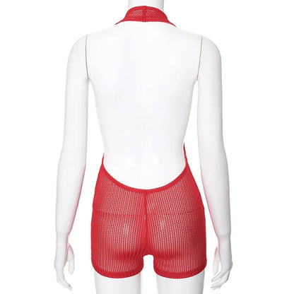 See Through Mesh Short Rompers Deep V Backless Sleeveless Jumpsuit Club Outfits Summer Clothes 202