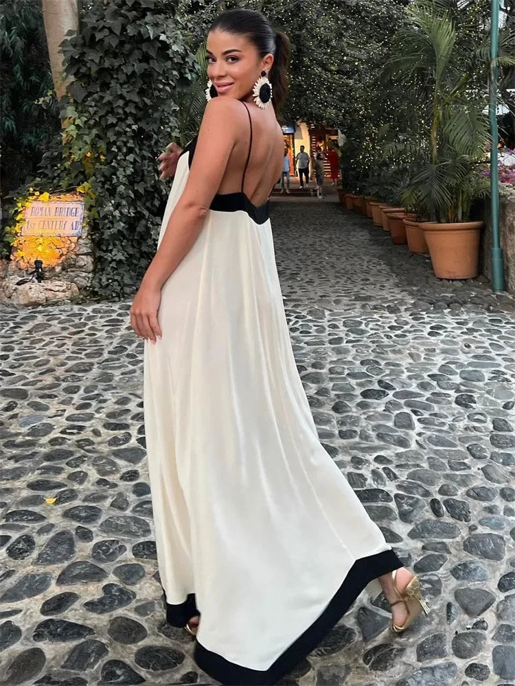 V Neck Backless Maxi Dresses for Color Block Slim Sundress Femme Street Party Temperament Dress Woman