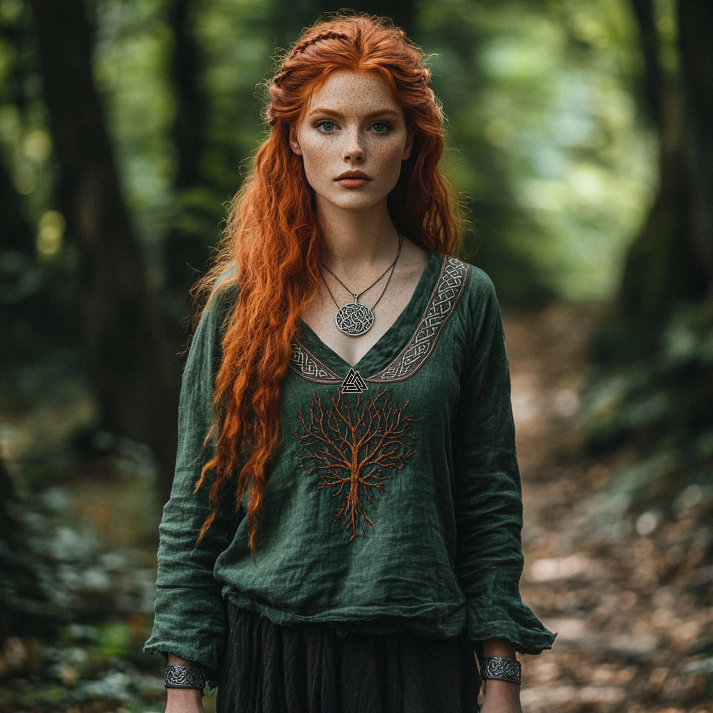 Tribal Viking Life Of Tree Inspired Cotton And Linen V-neck Loose Shirt elevenforest
