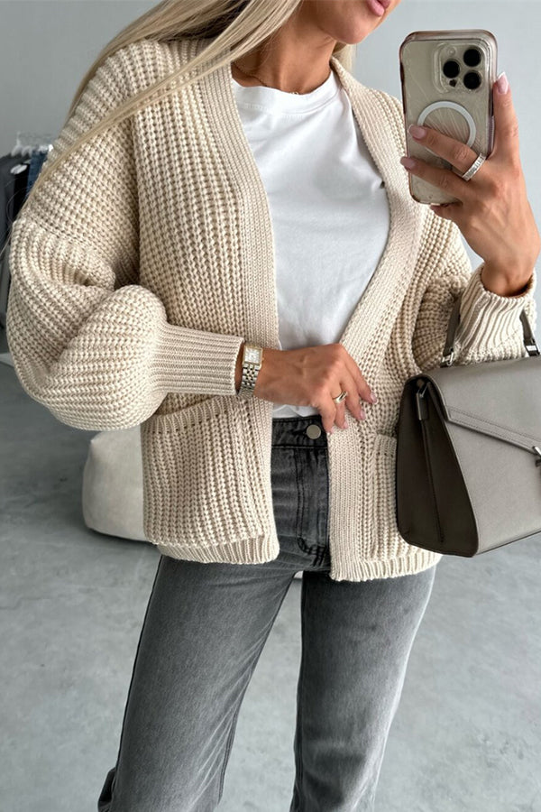 Color V-neck Long-sleeved Knitted Cardigan