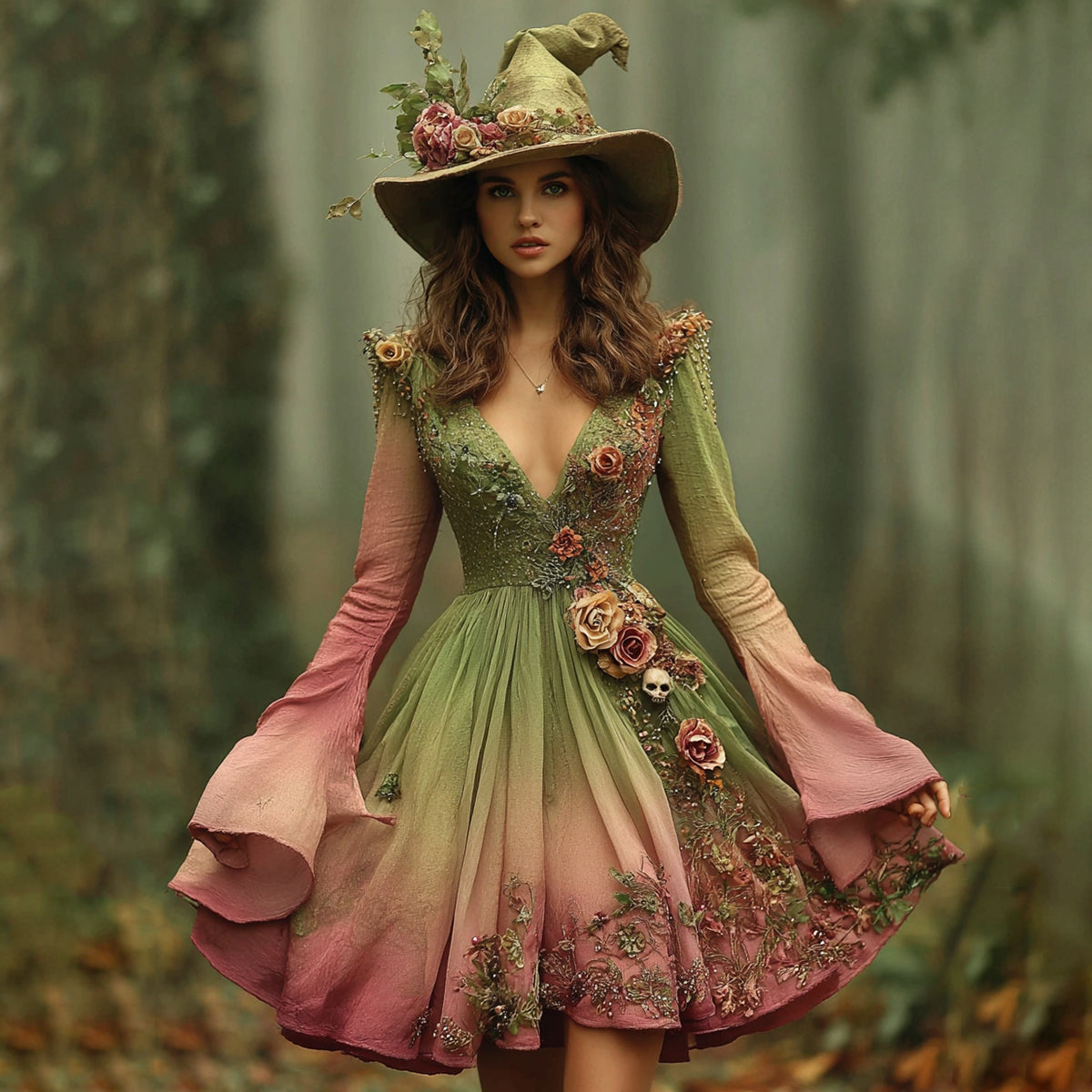 Halloween Rose Floral Skull Contrast Gradient Witch Midi Dress