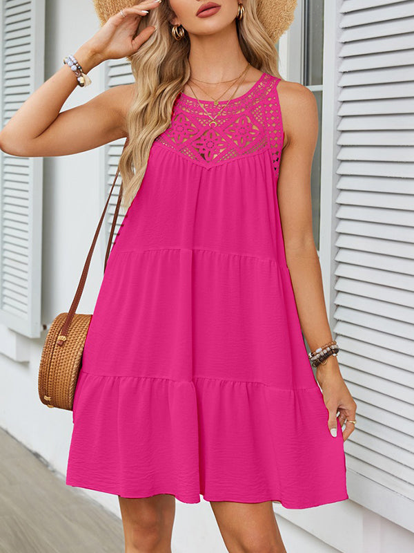 Loose Sleeveless Hollow Pleated Color Split-joint Round-neck Mini Dresses