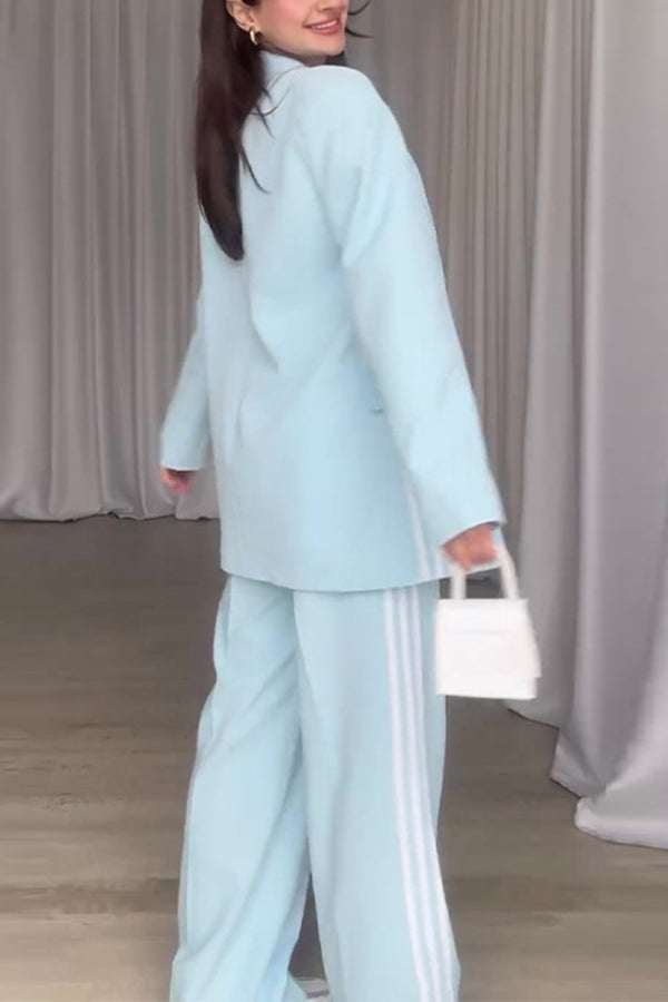 Fresh and Style Striped Trim Lapel Blazer and High Rise Pocket Loose Pants Set