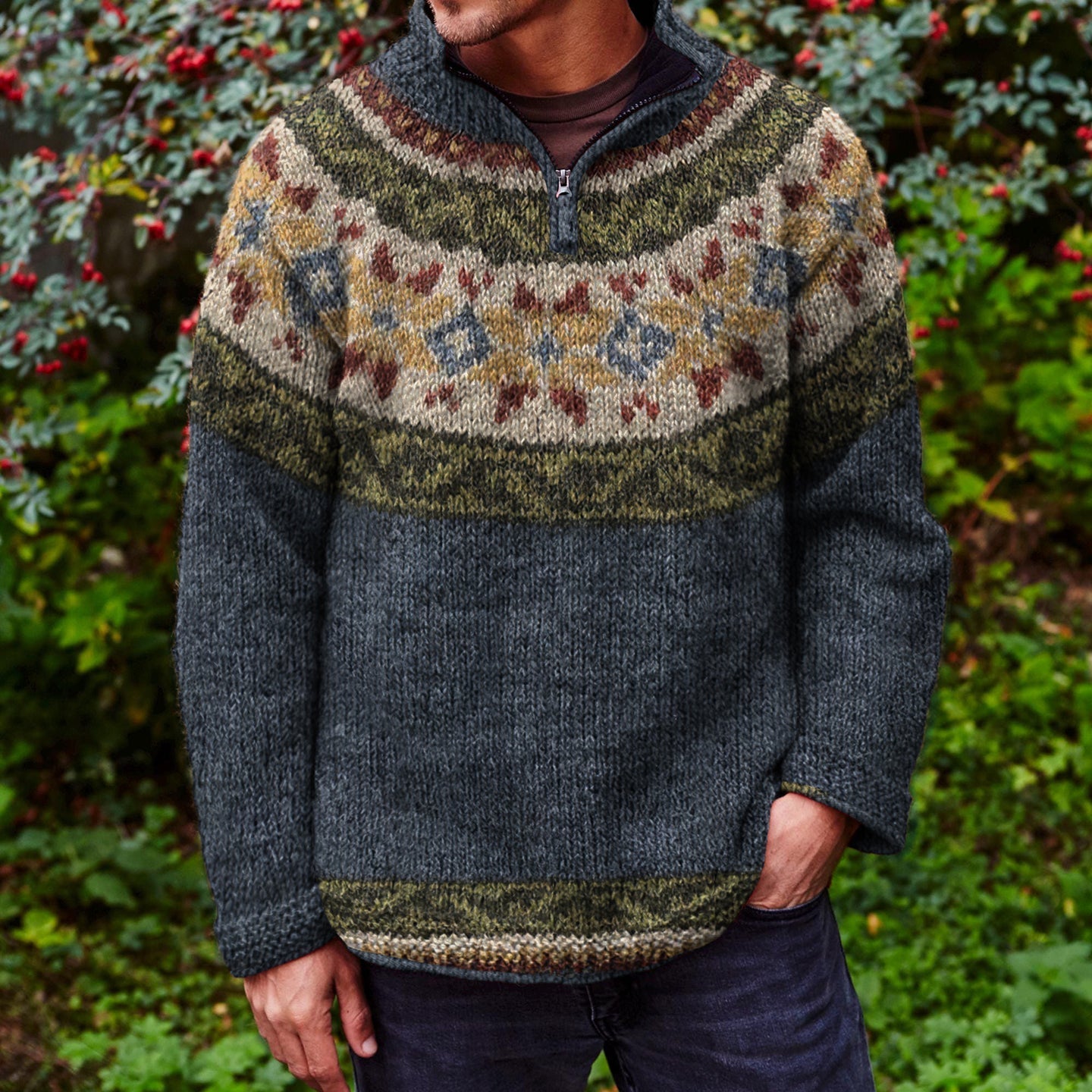 Vintage Fairman Island Jacquard Stand Collar Zipper Sweater elevenforest